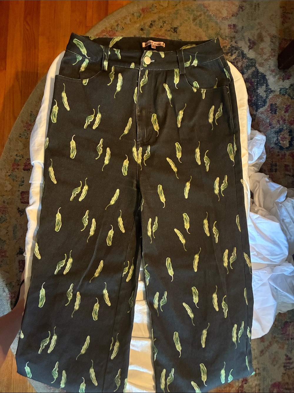 Women’s Black Wide-Leg Jeans with Green Pepper Print